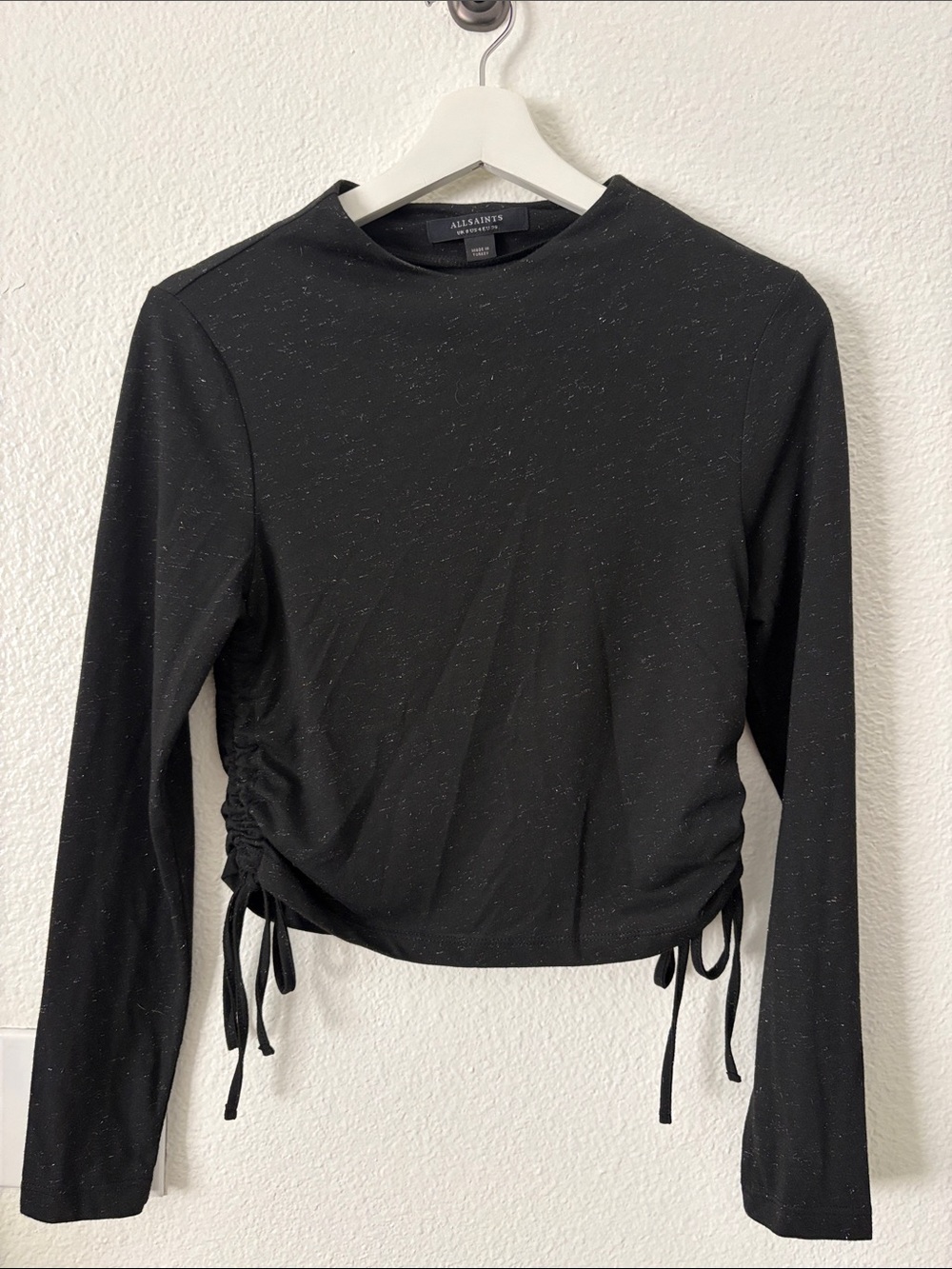 AllSaints Black Long Sleeve Side-Ruched Beta Crop Top